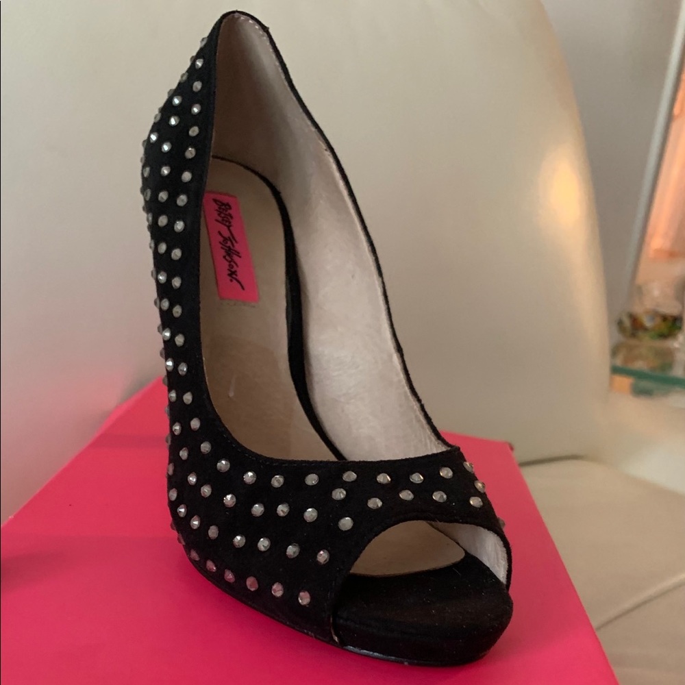 Betsey Johnson peep toe black suede w/rhinestones